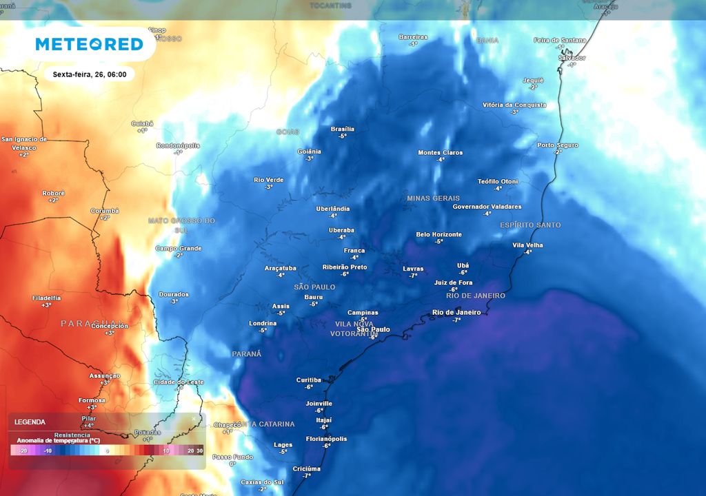 Previsão de anomalia de temperaturas em 850 hPa na sexta-feira durante a manhã. Previsão de anomalia de temperaturas em 850 hPa na sexta-feira durante a manhã.