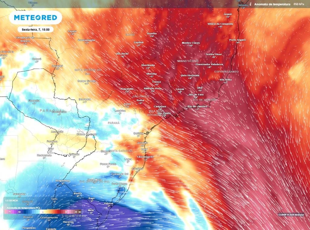 Previsão das anomalias da temperatura do ar no nível de 850hPa mostrando a abrangência da massa de ar quente e seco sobre os estados de São Paulo e do Rio de Janeiro na sexta-feira (7).