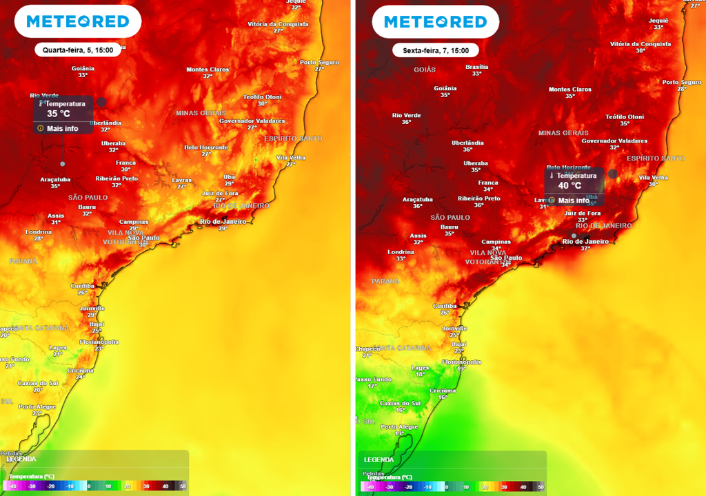 Previsão da temperatura máxima do ar (em °C) para quarta-feira (5) à esquerda e para sexta-feira (7) à direita, mostrando a instensificação do calor na segunda metade desta semana. Máximas pontualmente podem chegar a 40°C no RJ.