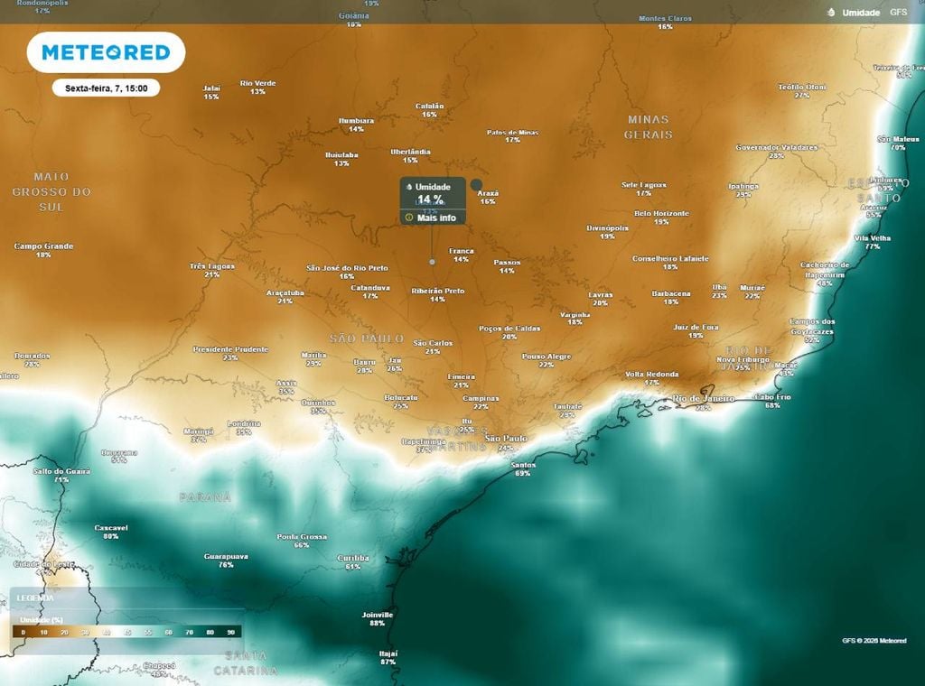 Previsão da umidade relativa do ar (%) para a tarde (15h) de sexta-feira (7).