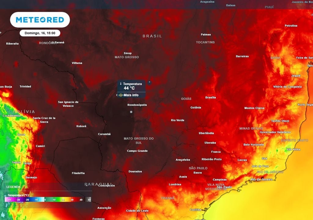 Previsão de temperaturas máximas no domingo. Previsão de temperaturas máximas no domingo mostra temperaturas superiores a 40°C se formando nas regiões Centro-Oeste e Norte do país - um calor muito intenso e pronunciado.