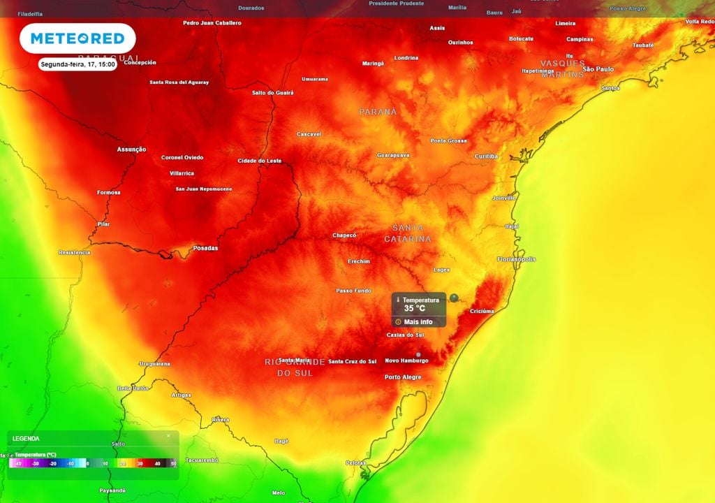 Previsão de temperaturas máximas na segunda-feira. Previsão de temperaturas máximas na segunda-feira mostra que grande parte da região Sul voltará a registrar máximas de 30°C, com alguns municípios e regiões registrando até 35°C.