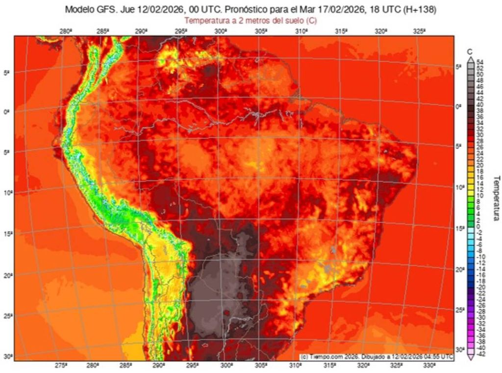 Previsão de temperaturas máximas na terça-feira (17) à tarde (15h) mostra que áreas do RS e do Centro-Oeste podem registrar temperaturas entre 38°C e 40°C, e localmente até ultrapassar isto.