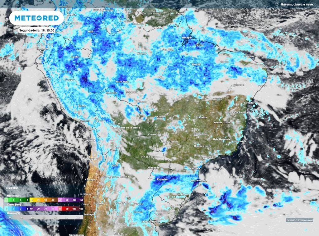 Previsão de precipitação (em mm) para a segunda-feira (16) à tarde (15h), mostrando uma grande área de tempo mais firme no Brasil Central.