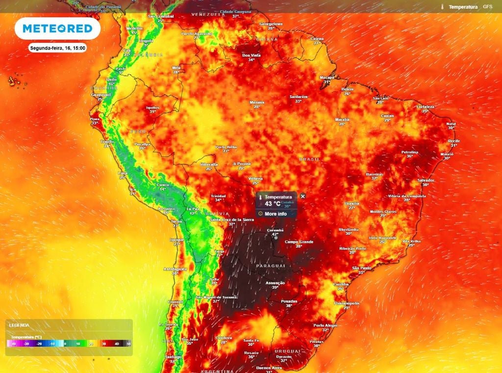 Previsão de temperatura máxima (em °C) para a segunda-feira (16) à tarde (15h).