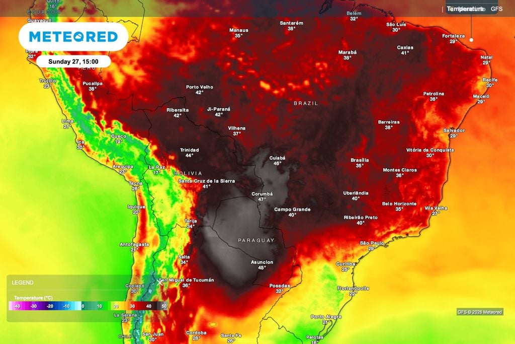 calor, interior, centro sul, norte Previsão de temperatura para domingo (27), às 15h.