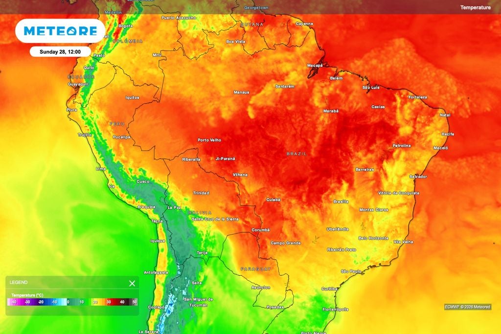 Temperaturas elevadas avançam pelo Brasil Central no domingo, com calor mais intenso entre Mato Grosso, Goiás, Tocantins e oeste da Bahia após a saída da frente fria.