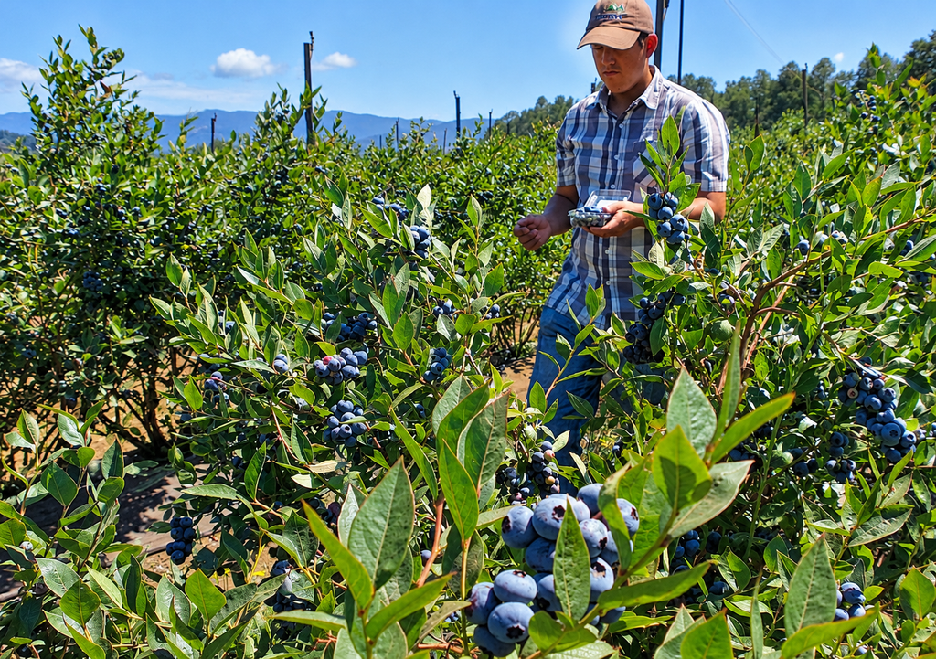 La cosecha de arándanos requiere una selección cuidadosa de los frutos en su punto óptimo de madurez, ya que el momento de recolección y la manipulación influyen directamente en la calidad, firmeza y condición de la fruta para su comercialización y exportación.