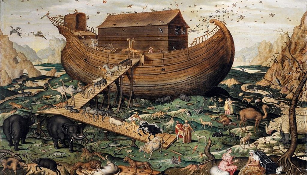 El arca de Myle "El Arca de Noé en el Monte Ararat" de Simon de Myle (1570), representa la narrativa bíblica del Arca de Noé en el Monte Ararat, con una variedad de pares de animales a bordo, incluyendo criaturas fantásticas como dragones (esquina superior izquierda).