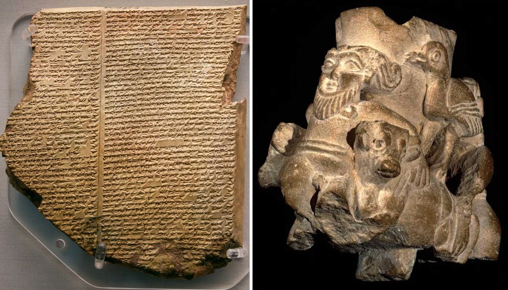 Tablilla XI El mito del diluvio de Gilgamesh se encuentra en una tablilla de arcilla (izquierda), describe un evento similar a la historia bíblica del arca de Noé. A la derecha, un vaso ritual sumerio de 3.000 a.C., y representa a un héroe barbado, toros y aves. Ambas piezas están en el Museo Británico de Londres