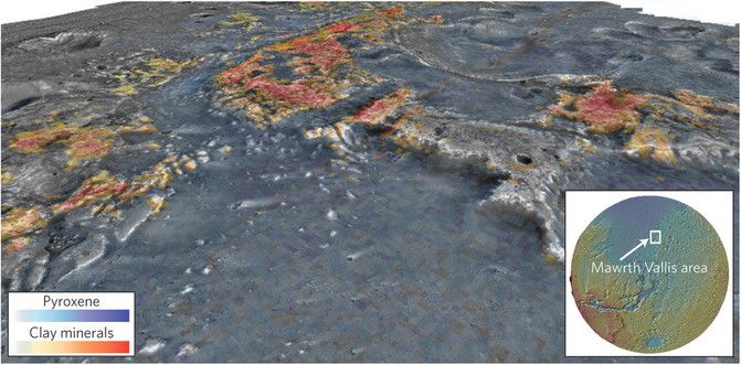 Afloramientos de piroxenos (un tipo de silicatos) y minerales de arcillas en Mawrth Vallis, en el ecuador marciano, donde se aprecia cómo los valles fluviales cortan las secuencias sedimentarias arcillosas Afloramientos de piroxenos (un tipo de silicatos) y minerales de arcillas en Mawrth Vallis, en el ecuador marciano, donde se aprecia cómo los valles fluviales cortan las secuencias sedimentarias arcillosas