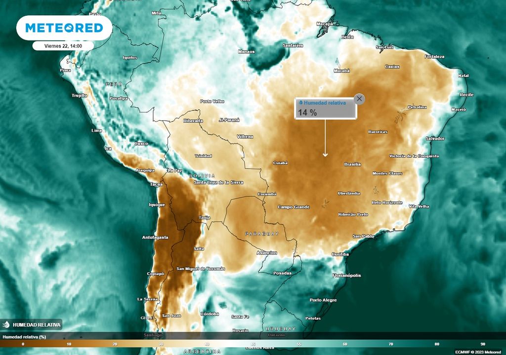 Mapa de humedad relativa prevista para el continente sudamericano.