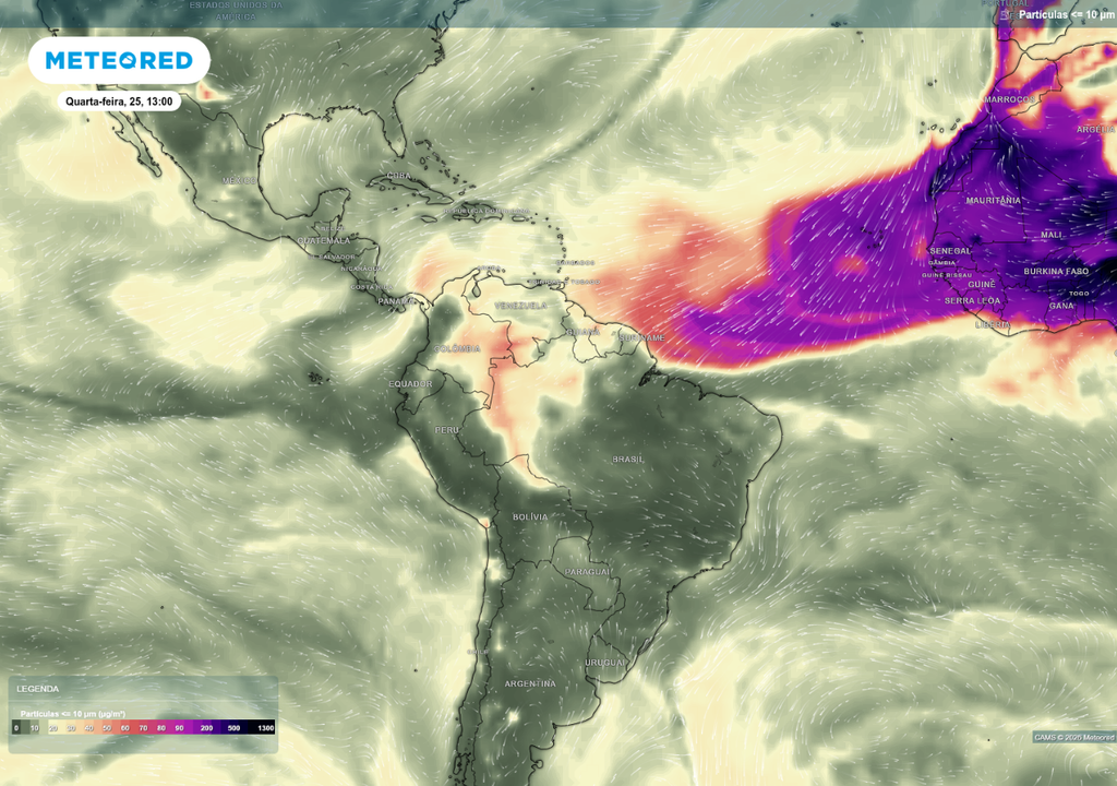 Previsão de material particulado P10 nesta quarta-feira (25), de acordo com o ECMF. Previsão de material particulado P10 nesta quarta-feira (25), de acordo com o ECMF.