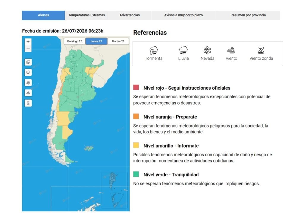 Alertas oficiales del SMN para el lunes 27 de Julio. Viento Zonda, nieve y tormentas activan alertas del SMN para el lunes 27 de Julio.