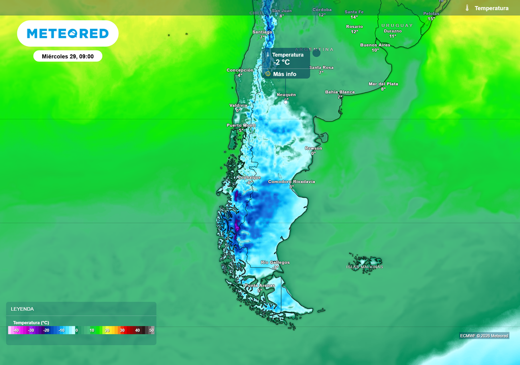 Temperatura Miércoles 29 de Julio a las 09 h. Temperaturas en la Patagonia para el día miércoles 29 de Julio a las 9 h, según el modelo ECMWF.