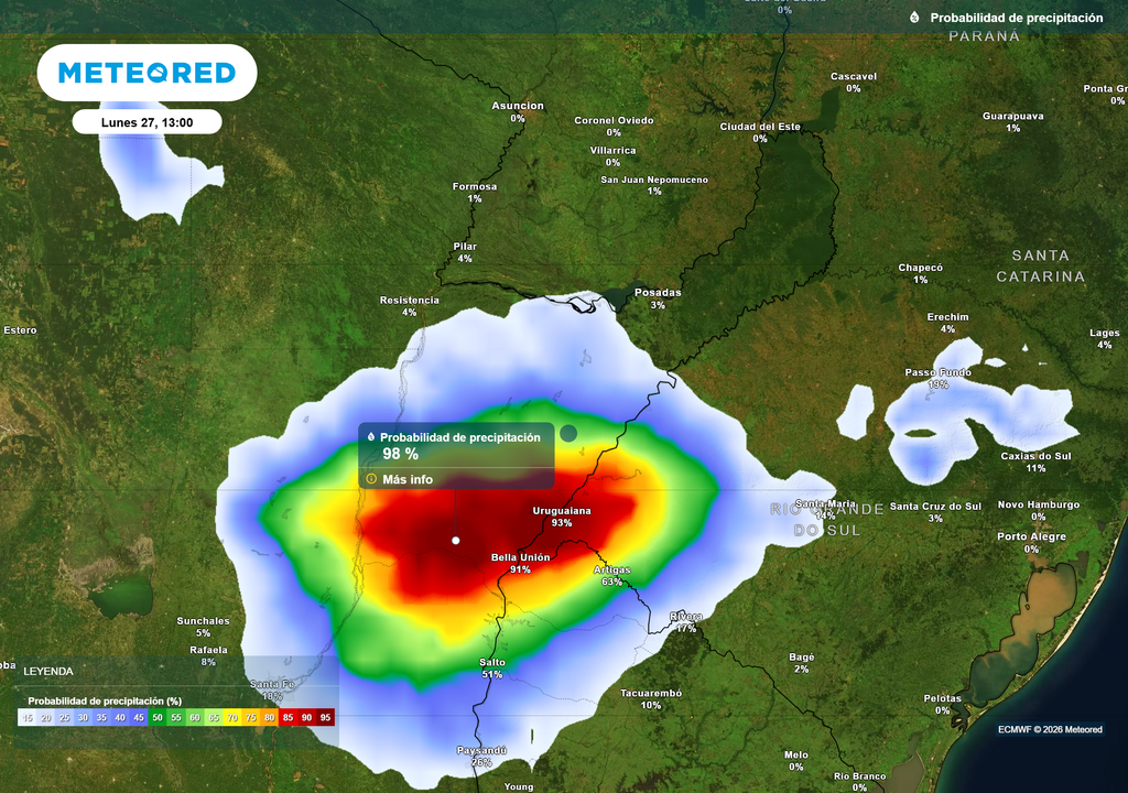 Probabilidad de precipitación__Lunes 27 13 Probabilidad de precipitación en el Litoral para el lunes 27 de Julio a las 13 h, según el modelo ECMWF.