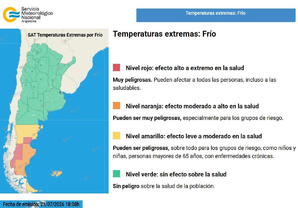 Se destacan en alerta roja por temperaturas extremas frías, para la mañana del miércoles 22 de julio, el oeste de Santa Cruz y el sudeste de Chubut, Se destacan en alerta roja por temperaturas extremas frías, para la mañana del miércoles 22 de julio, el oeste de Santa Cruz y el sudeste de Chubut, Créditos: SMN.