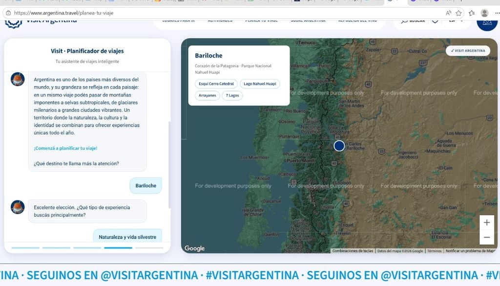 Vista previa del planificador de viajes de Visit Argentina