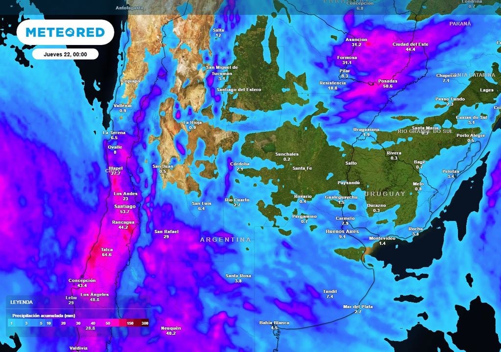 Precipitación acumulada Mapa de precipitación acumulada hasta las 00:00 del jueves, donde se ven los acumulados esperados para el NEA y Cuyo junto con el norte patagónico, áreas bajo alerta.