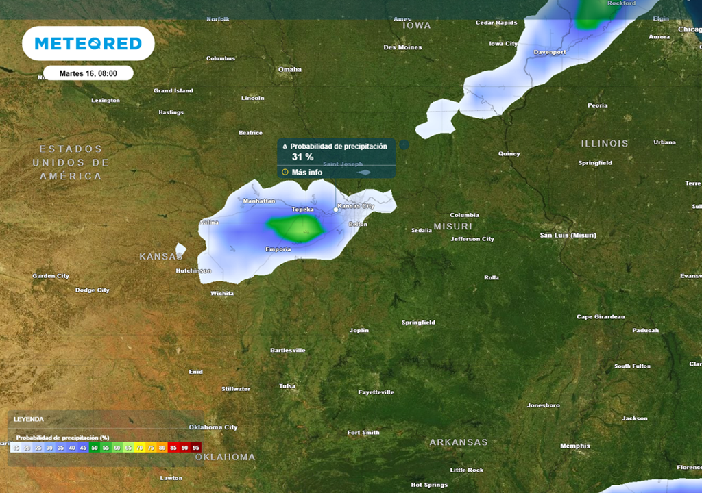 probabilidad de lluvias el dia del partido de Argentina Probabilidad de precipitaciones en la mañana del martes 16 de junio en Kansas City, EE.UU. Créditos: Modelo ECMWF.