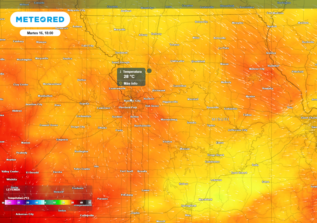 temperatura en kansas city Temperatúa máxima estimada para Kansas City, EE.UU. en la tarde previa al partido de Argentina vs. Argelia. Créditos: Modelo ECMWF.