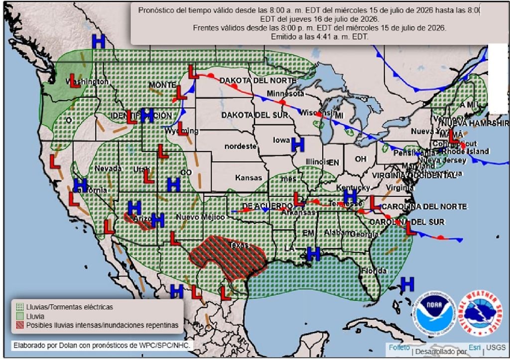 pronostico EEUU Mapa según el Centro de Predicción Meteorológica de los Estados Unidos, con el pronóstico para el miércoles 15 de julio, marca una amplia zona con probabilidad de lluvias y tormentas, que incluye la zona del estadio. Créditos: Elaborado por Dolan con pronósticos de WPC/SPC/NHC.