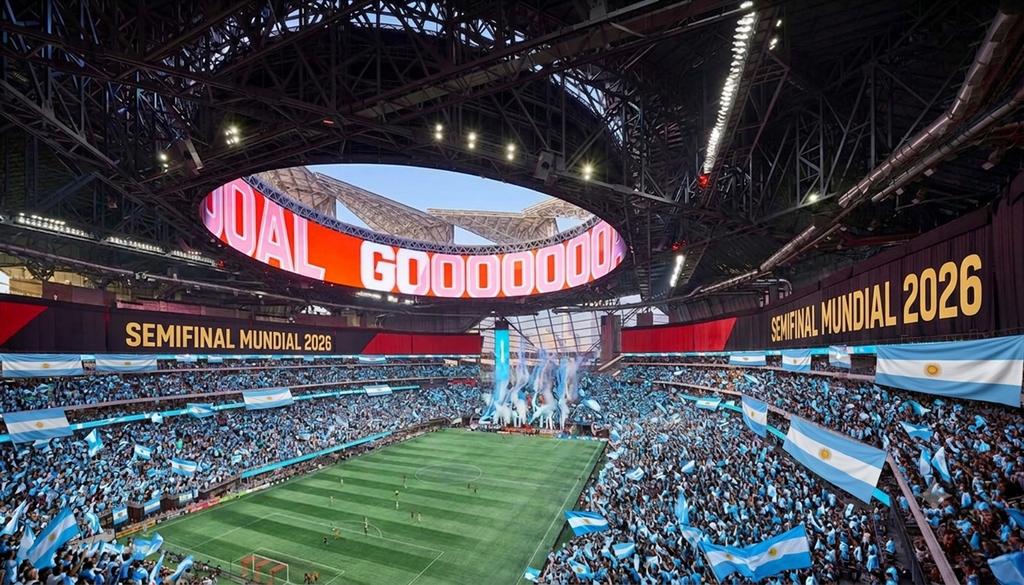 pantalla LED Atlanta Stadium La pantalla del Mercedes-Benz Stadium de Atlanta, con un despliegue tecnológico récord. Imagen recreada con IA.
