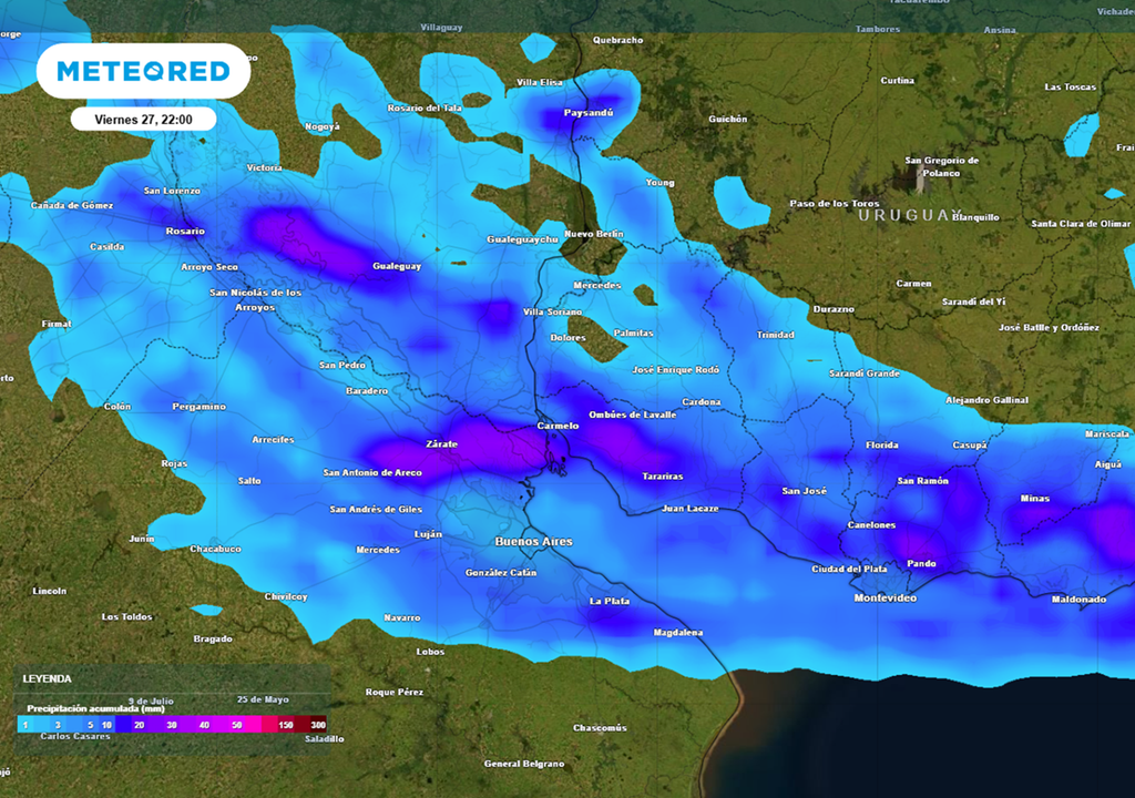 lluvias dle viernes 27 de marzo en Buenos Aires Precipitación acumulada (en mm) hasta la noche del viernes 27 de marzo. Modelo: ECMWF. Mapa: Meteored Argentina.