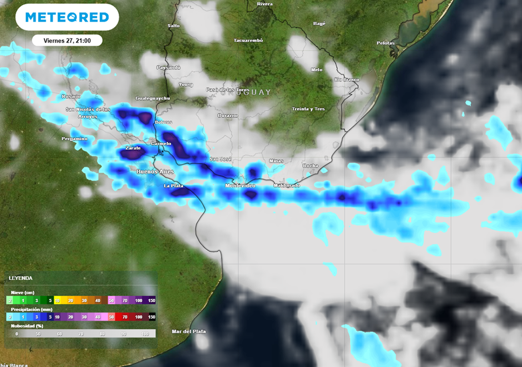 lluvias de la noche de viernes 27 en BsASl Zona frontal entre el sur del Litoral y el norte de la provincia de Buenos Aires, afectando con nubosidad y precipitaciones en la noche del viernes 27 de marzo al AMBA. Modelo: ECMWF. Mapa: Meteored Argentina.