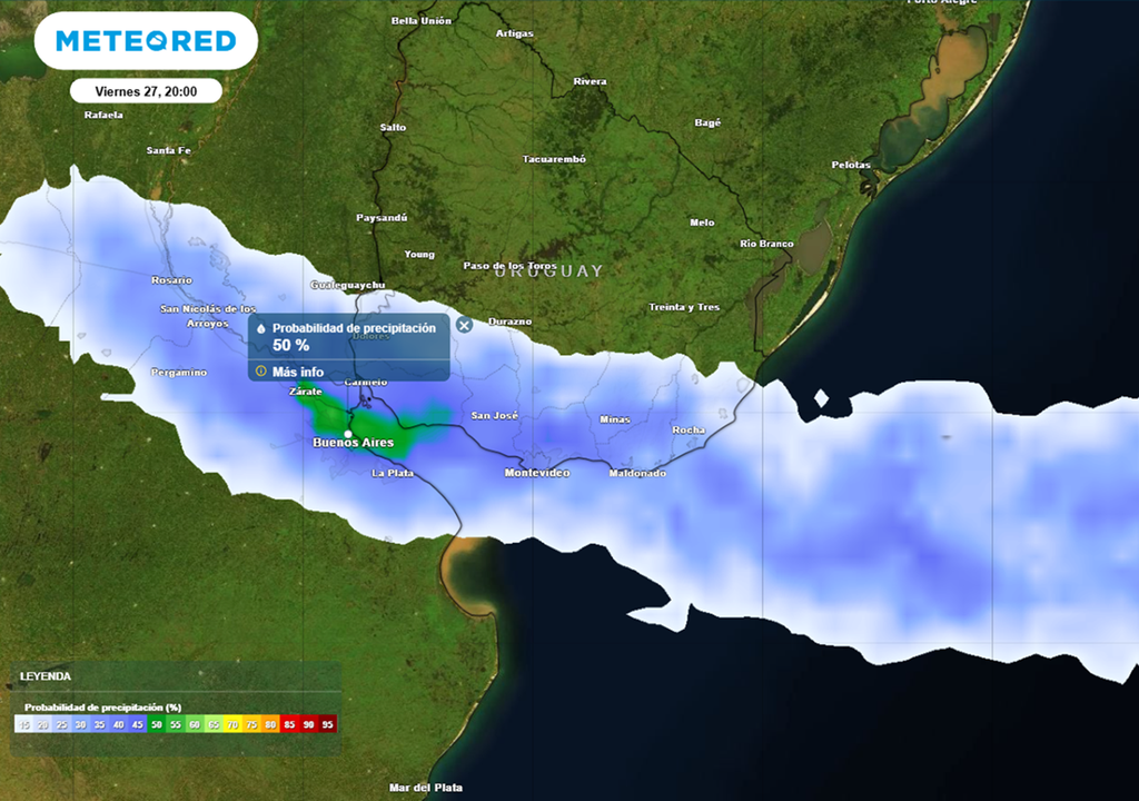 probabilidad de lluvia del viernes 27 de marzo en el AMBA Probabilidad de precipitación (%) en el momento del inicio del partido de la Selección Argentina, durante la noche del viernes 27 de marzo. Modelo: ECMWF. Mapa: Meteored Argentina.