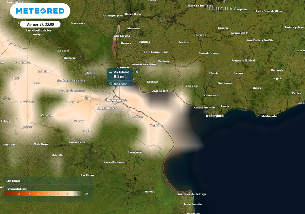 visibilidad reducida el viernes 27 de marzo Ambiente muy húmedo, con neblinas y algunas lluvias durante la noche del viernes 27 de marzo que reducen la visibilidad en el norte de PBA (incluye al AMBA). Modelo: GFS. Mapa: Meteored Argentina.