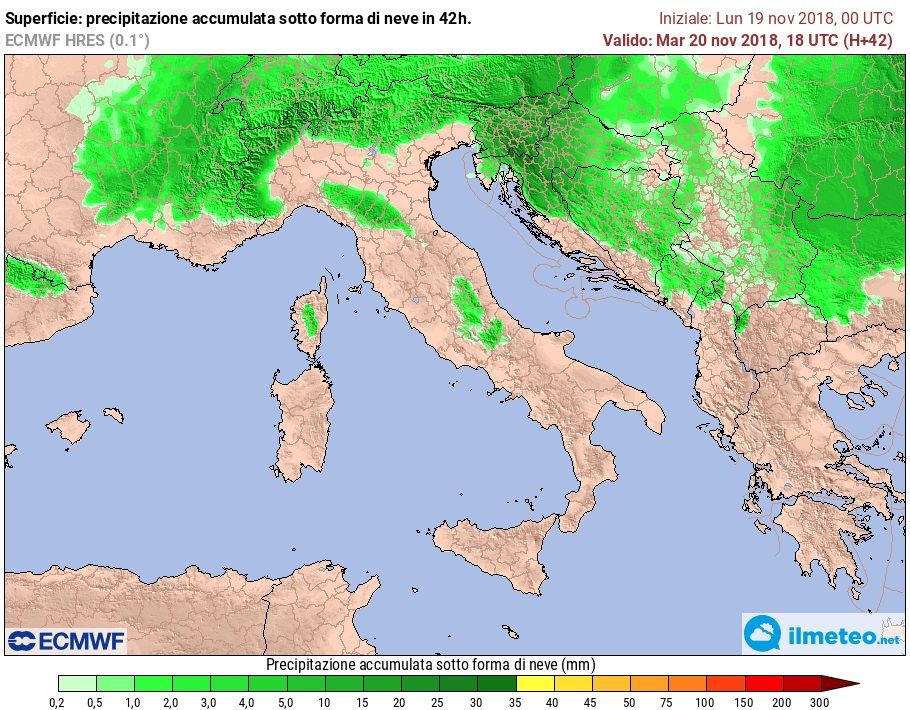 Mappa elaborata dal modello ECMWF che mostra l'accumulo nevoso al suolo nelle prossime 48 ore
