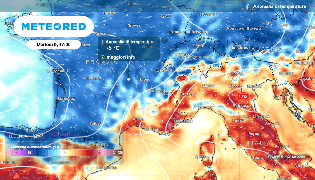 Brusco calo delle temperature martedì 9 giugno sulla Francia e sulla Spagna del nord, nelle mappe di Meteored.