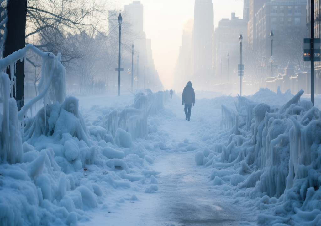 Gefrorene Stadtlandschaften: Der Polarwirbel verantwortet bei Split extreme Kälte über Nordamerika und Europa. (KI-generiert)
