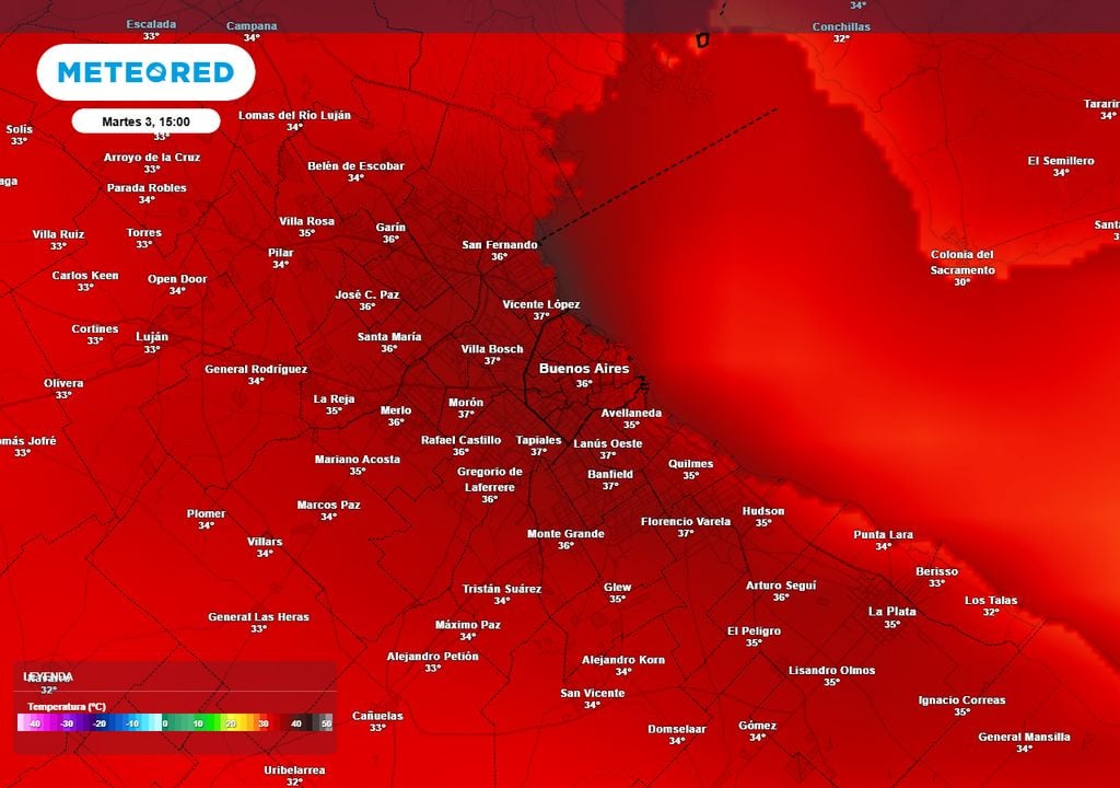 Temperaturas previstas para la tarde de hoy martes en el AMBA, con valores dentro de los umbrales que configuran una ola de calor en varias ciudades de la región metropolitana.