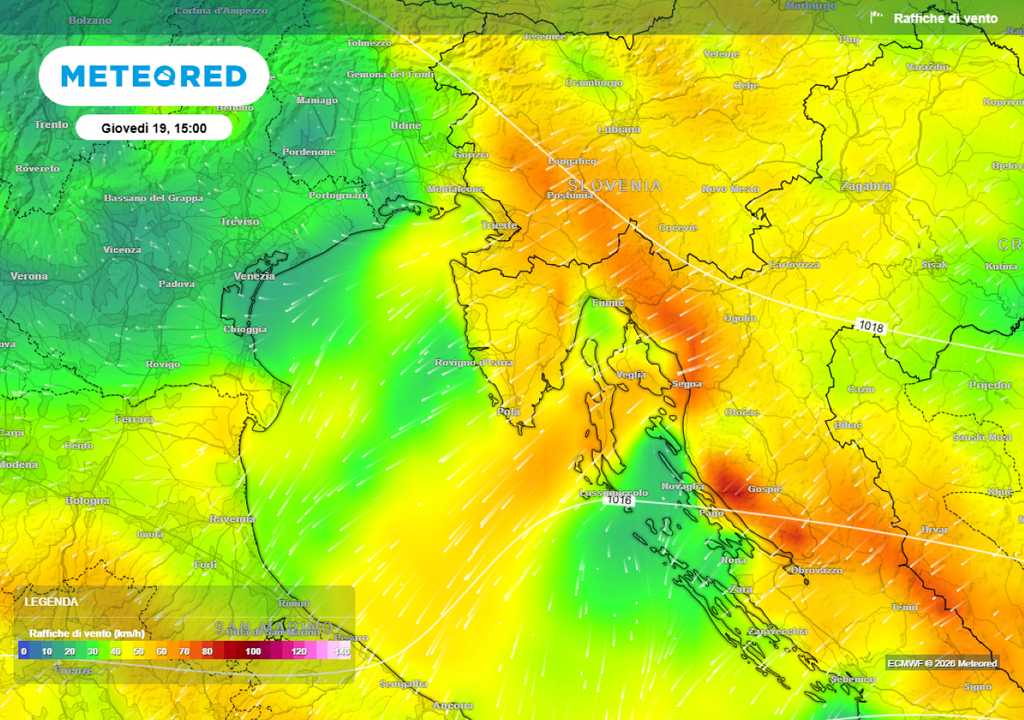 Le raffiche di Bora attese nelle prossime ore sull'area del Golfo di Trieste e lungo le coste di Istria e Dalmazia, dove arriverà aria più fredda dall'area danubiana.