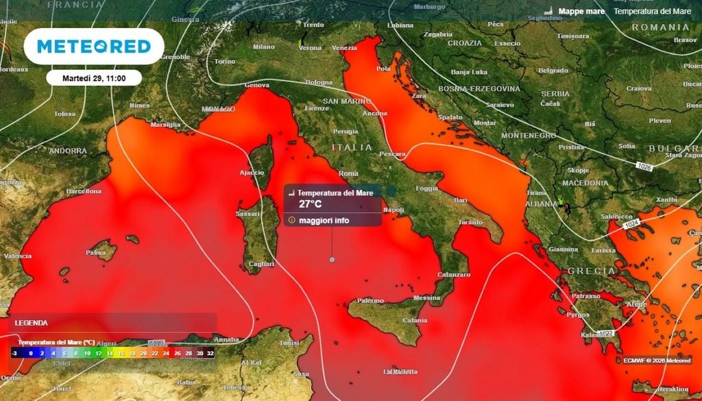 Mediterraneo caldo. Attualmente temperature superficiali del mare di +25/+26 °C, localmente +27 °C su Canale di Sicilia, Ionio e settori nord-africani (Algeria-Tunisia-Libia) a inizio ottobre rappresentano un’anomalia significativa.