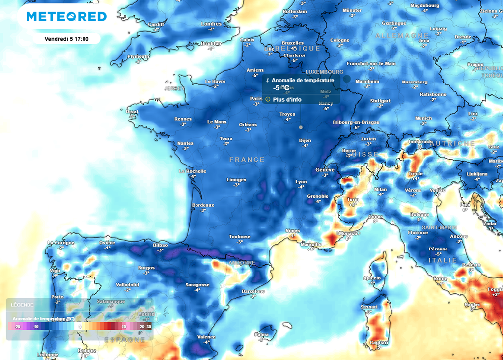 En fin de semaine, les valeurs seront inférieures jusqu'à 5°C aux normales de saison. En fin de semaine, les valeurs seront inférieures jusqu'à 5°C aux normales de saison.