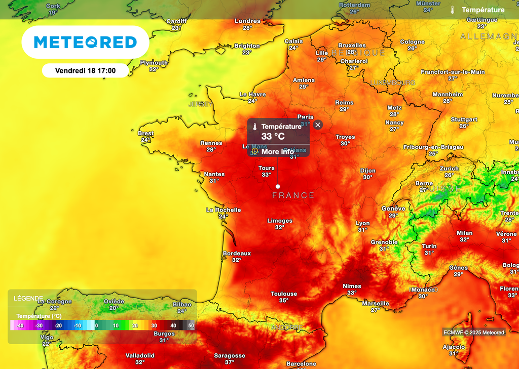Des pointes à plus de 35 degrés dans le sud du pays. Des pointes à plus de 35 degrés dans le sud du pays.