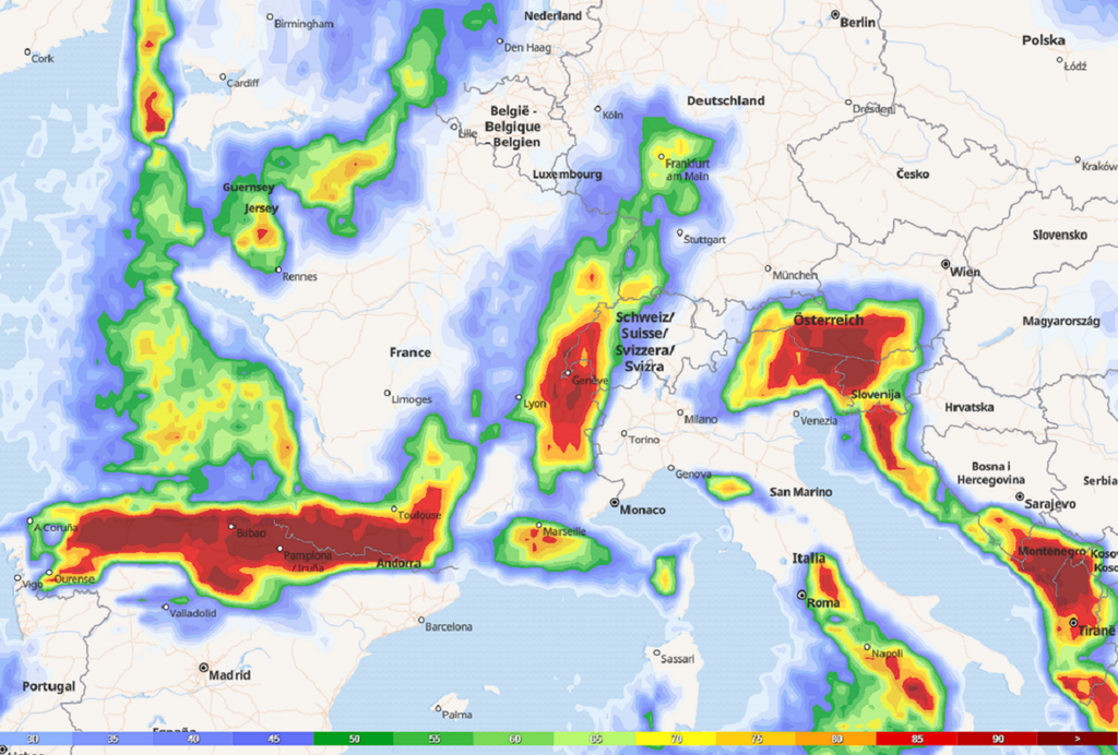 Probabilité de précipitations (pluie et neige) samedi matin (carte via tameteo). Probabilité de précipitations (pluie et neige) samedi matin (carte via tameteo).