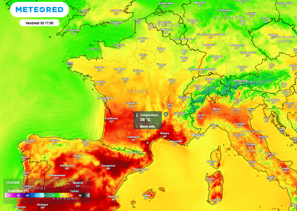 Vendredi après-midi, les thermomètres indiqueront fréquemment entre 30 et 36°C dans le sud du pays. Vendredi après-midi, les thermomètres indiqueront fréquemment entre 30 et 36°C dans le sud du pays.