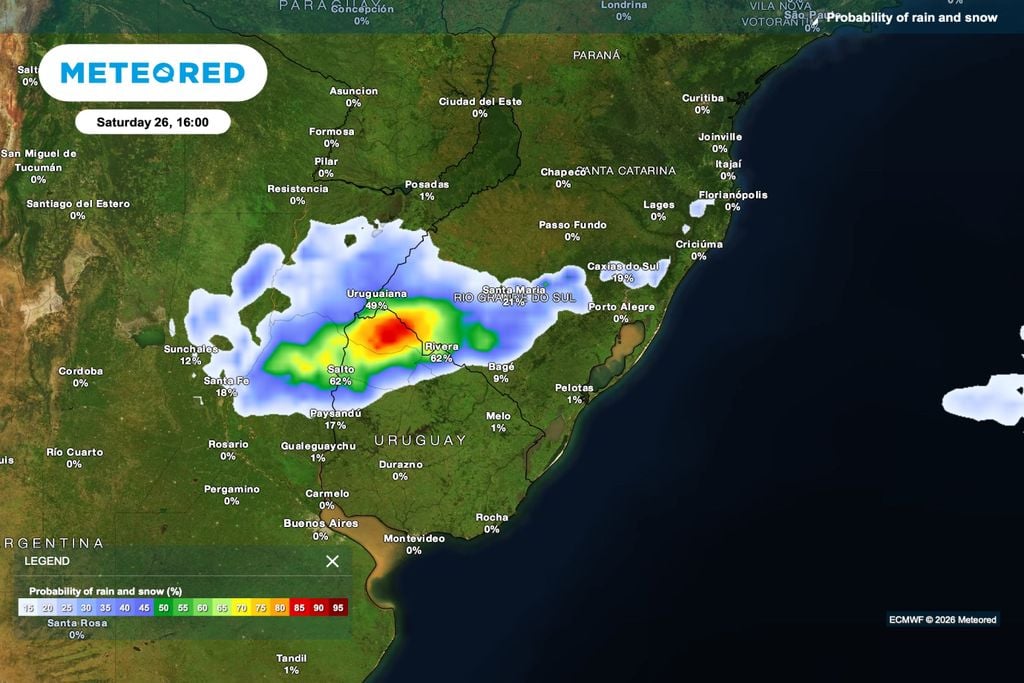 arroz, chuva, pancadas Previsão de chuva para sábado (26), às 16h, com maior probabilidade entre Uruguaiana e Rivera.