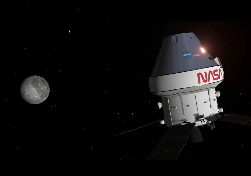 Imagen del software simula la posición en tiempo real de Orion, acercándose a la Luna. Créditos: NASA