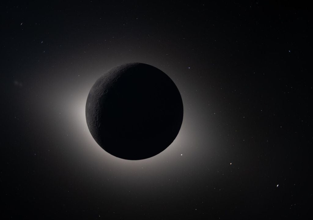 Eclipse total de Sol visto desde Orion, el lunes 6 de abril, muestra a la Luna tapando totalmente el disco solar. Créditos: NASA