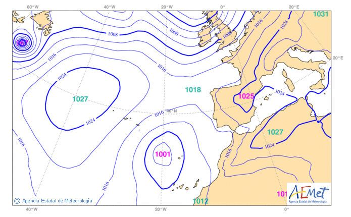 Salidas de los mapas presión en superficie del modelo HIRLAM para el día 19 de octubre de 2012 a las 08, arriba, y 20 h.l, abajo, según pasada de 00 UTC de 17 de octubre de 2014. Fuente: AEMET