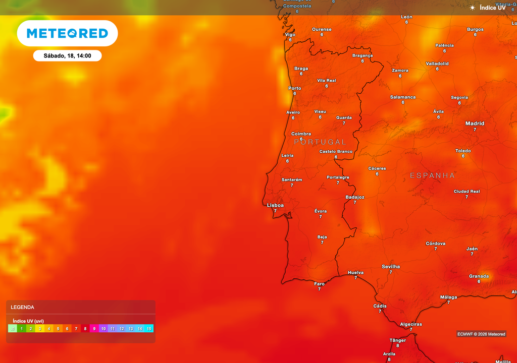 Índice UV elevado durante a tarde de sábado, com valores entre 6 e 7 na generalidade do território, indicando níveis de radiação solar que exigem proteção nas horas centrais do dia.