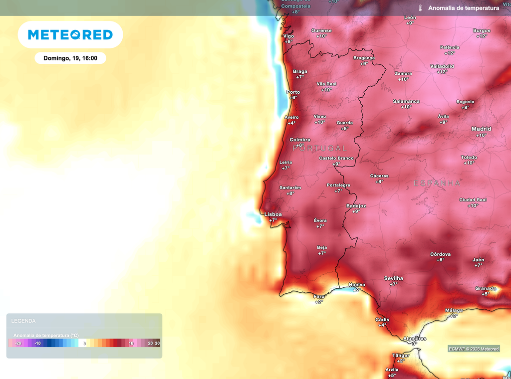 Valores de temperatura acima da média climatológica em praticamente todo o território, com desvios positivos mais expressivos no interior Norte e Centro, refletindo a influência de uma massa de ar mais quente.