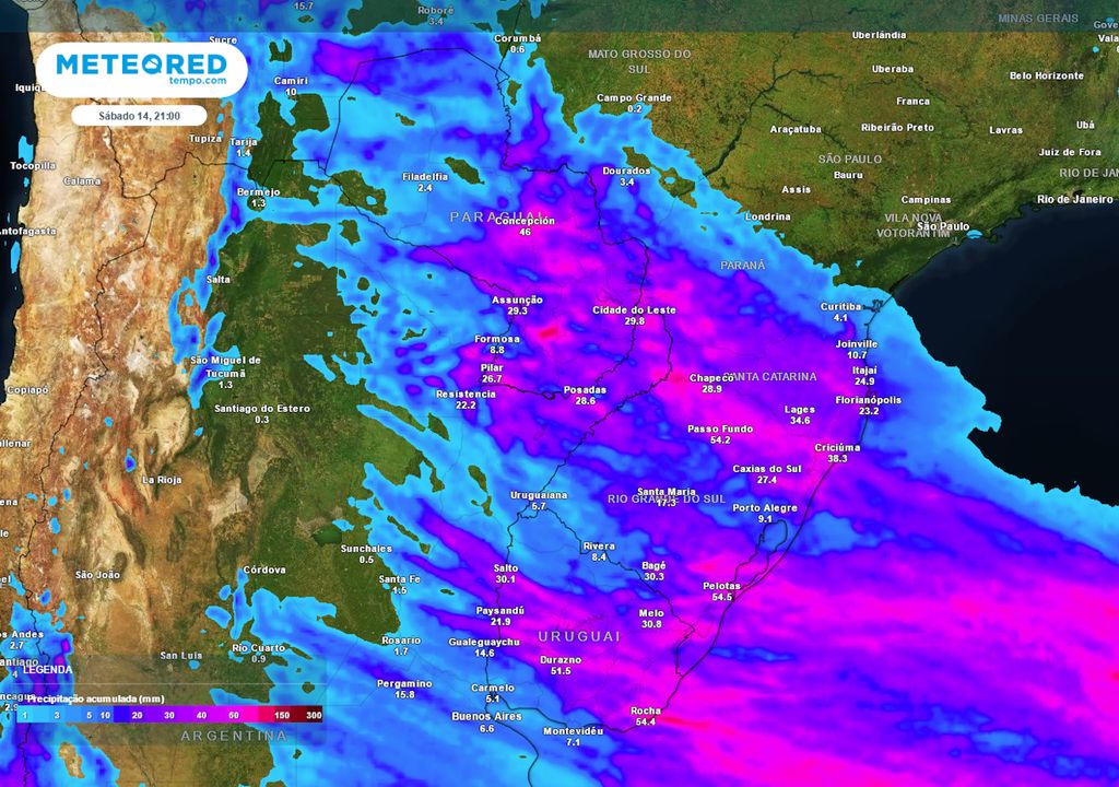 Previsão de acumulados totais de chuva até o Sábado.