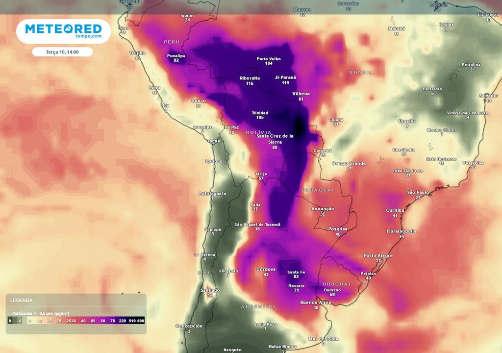 Previsão de material particulado na atmosfera durante a terça-feira.