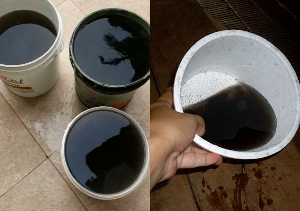 Água de chuva negra coletada após eventos em 2020 no Rio Grande do Sul e em São Paulo.